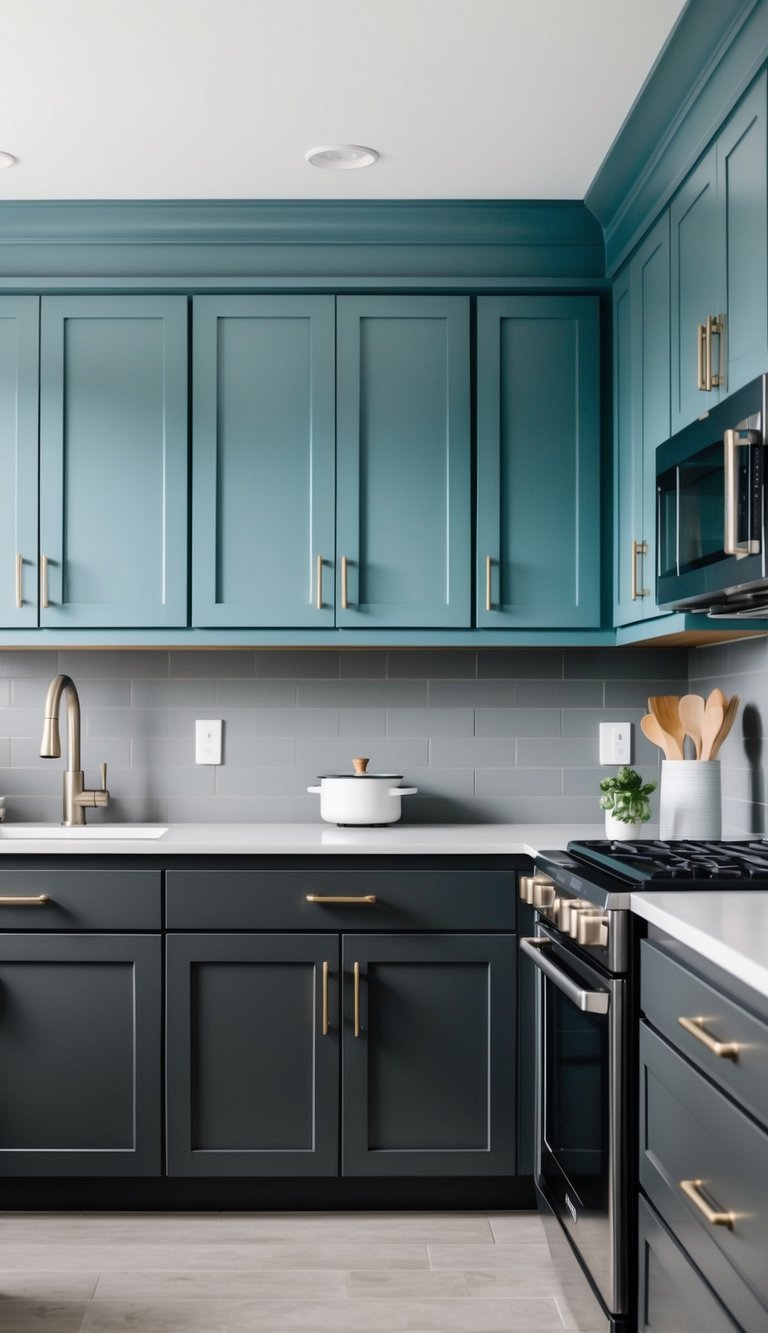 A modern kitchen with dusty blue upper cabinets and charcoal gray lower cabinets, sleek countertops, and stainless steel appliances