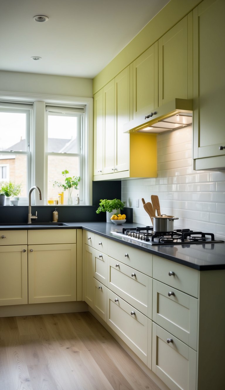 A kitchen with pale yellow and off-white two-tone cabinets, clean and modern design, natural light streaming in through large windows