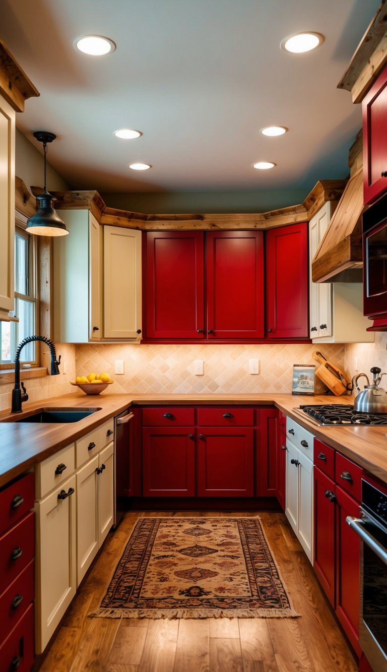 A cozy kitchen with red and ivory two-tone cabinets, rustic wood accents, and warm lighting