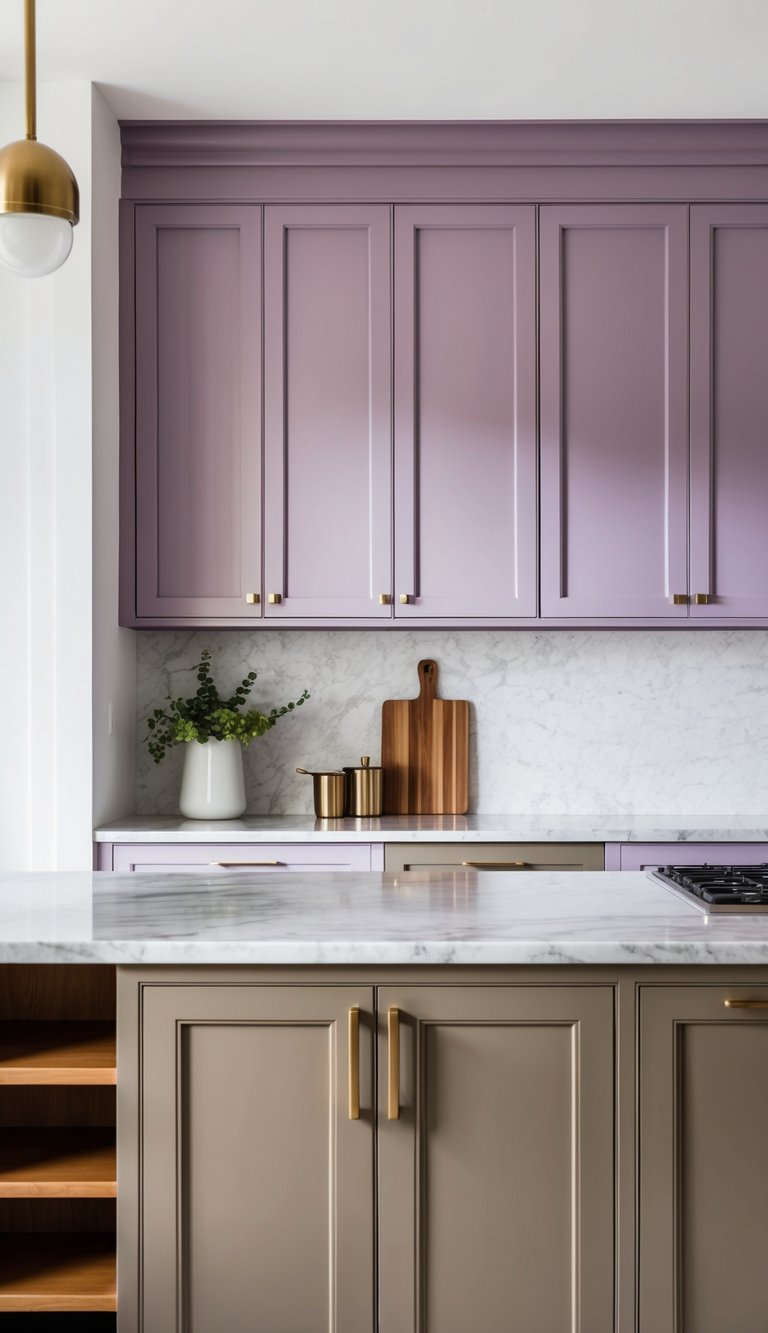 A modern kitchen with lavender upper cabinets and taupe lower cabinets, sleek hardware, and a marble countertop