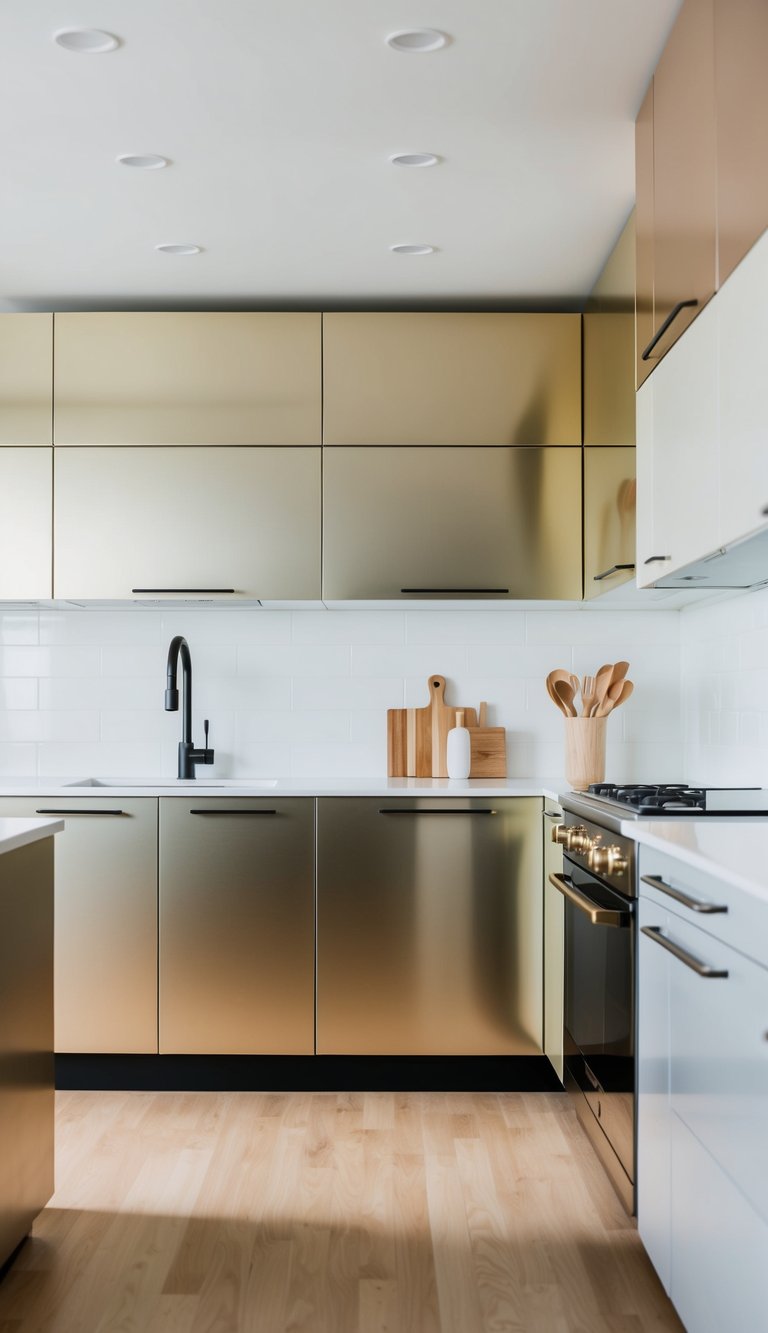 A modern kitchen with soft metallic and pale gold two-tone cabinets, sleek hardware, and clean lines