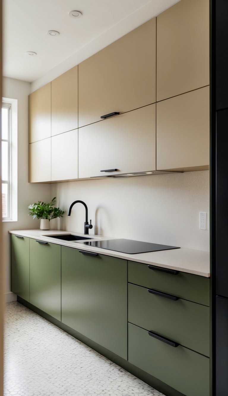 A modern kitchen with olive green lower cabinets and sandy beige upper cabinets, featuring sleek hardware and a clean, minimalist design