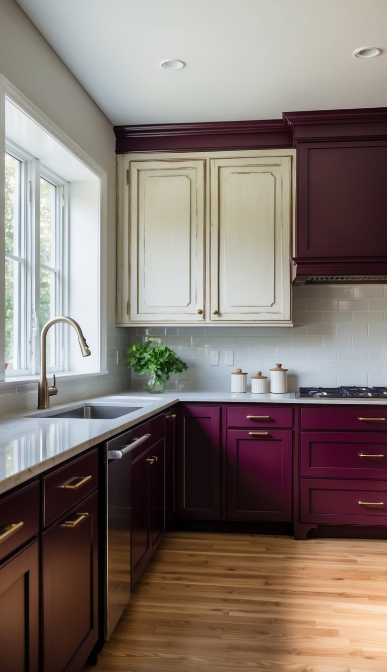 A spacious, modern kitchen with burgundy lower cabinets and antique white upper cabinets. The natural light floods in, highlighting the sleek, two-tone design