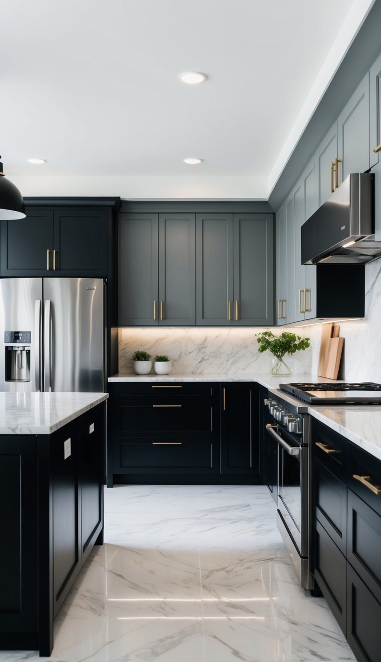 A modern kitchen with bold black lower cabinets and calming gray upper cabinets. Stainless steel appliances and marble countertops complete the sleek design