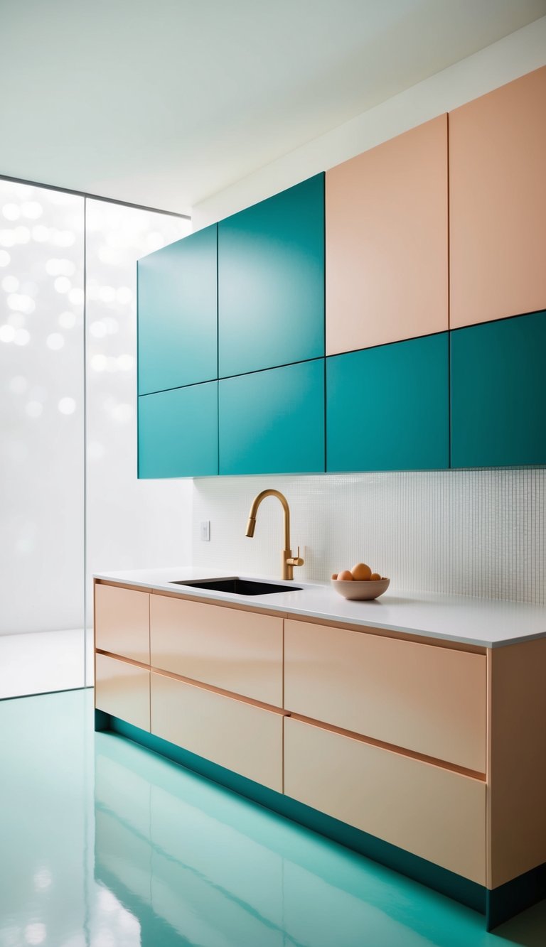 A modern kitchen with teal lower cabinets and soft peach upper cabinets, set against a clean, minimalist backdrop