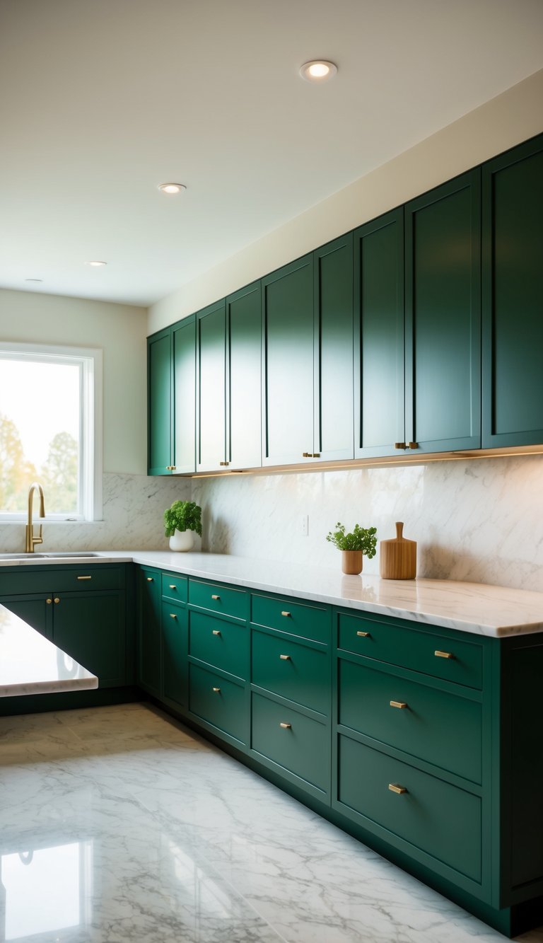 A modern kitchen with forest green lower cabinets and pearl upper cabinets, sleek hardware, and a marble countertop