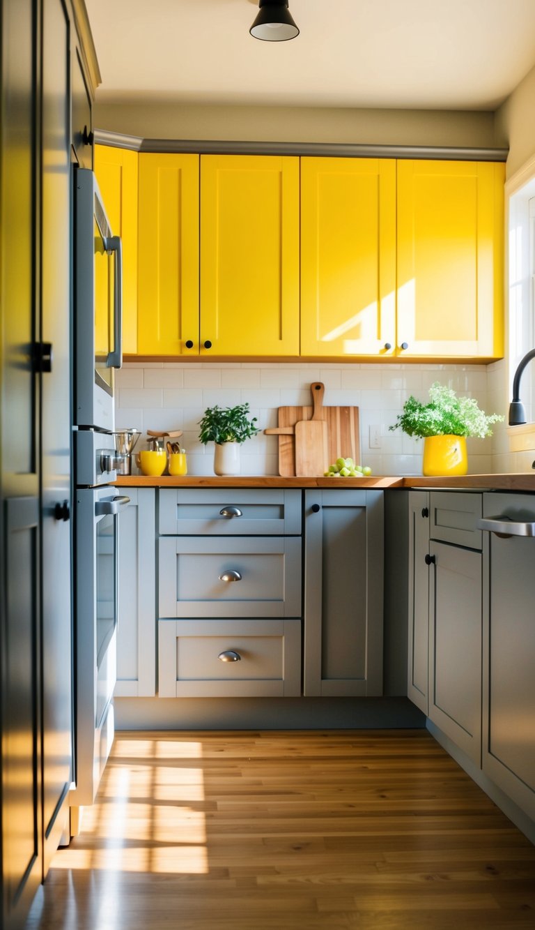 A bright, sunny yellow and warm gray kitchen with two-tone cabinets, illuminated by natural light