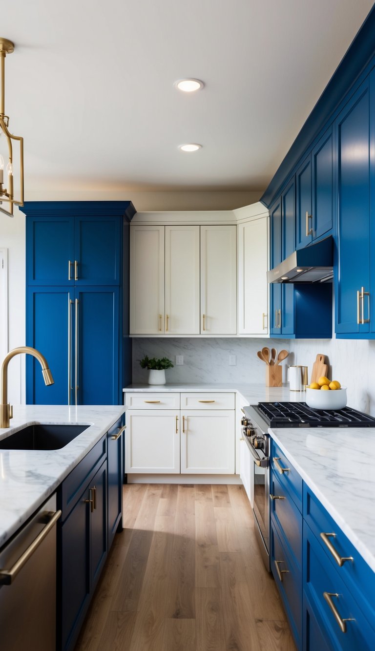 A modern kitchen with cobalt blue lower cabinets and chalk white upper cabinets. Stainless steel appliances and a marble countertop complete the look