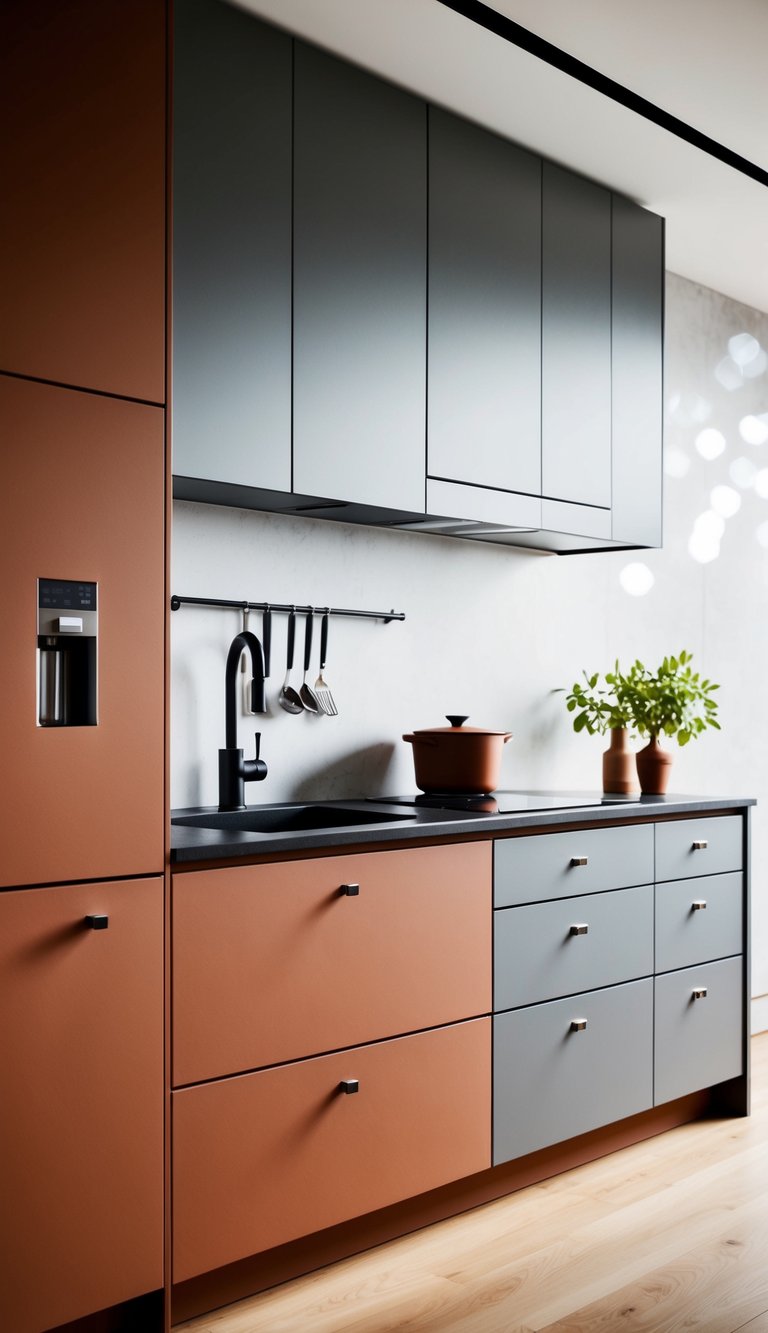 A modern kitchen with warm terracotta lower cabinets and cool gray upper cabinets, sleek hardware, and a minimalist design