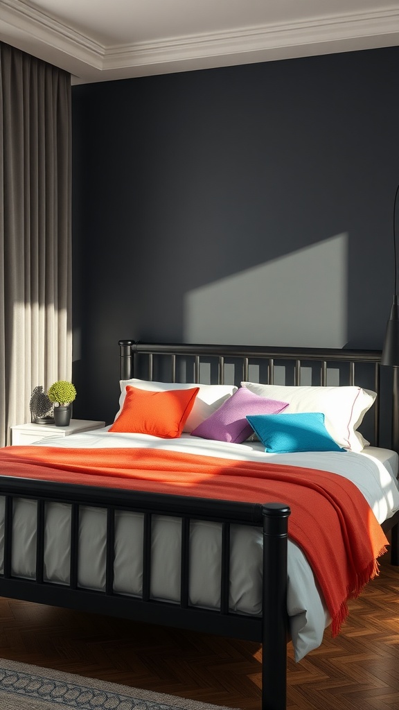 A black bedframe with colorful pillows and blanket in a stylish bedroom.