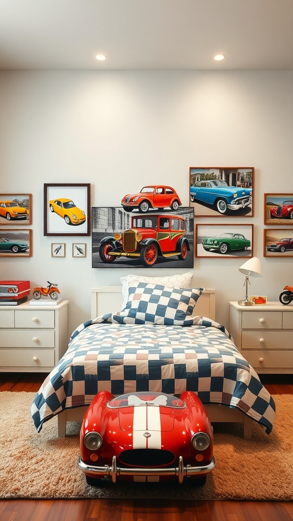 A toddler boy's bedroom featuring vintage car theme with posters, cozy bed, and toy car.