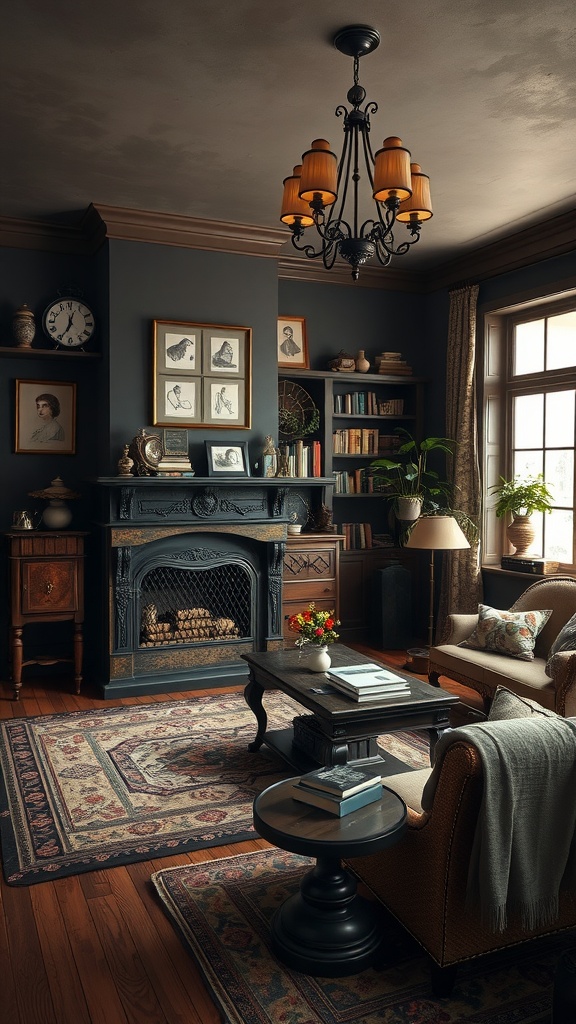 A vintage living room with dark earthy tones, featuring a fireplace, bookshelves, and classic furniture.