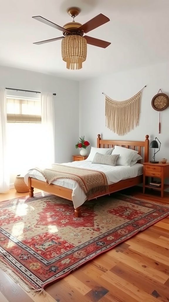 Cozy bedroom featuring a vintage Southwestern rug with vibrant colors and patterns.