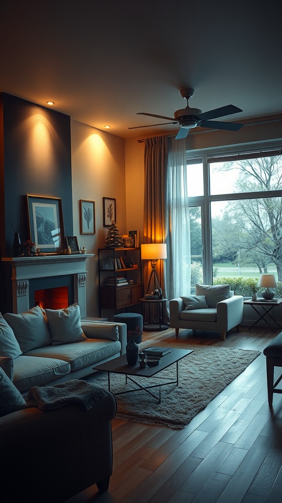 Cozy living room with warm lighting, featuring soft couches and a decorative rug.