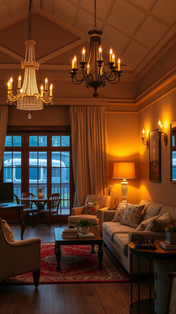 Cozy traditional living room with warm lighting from chandeliers and lamps.