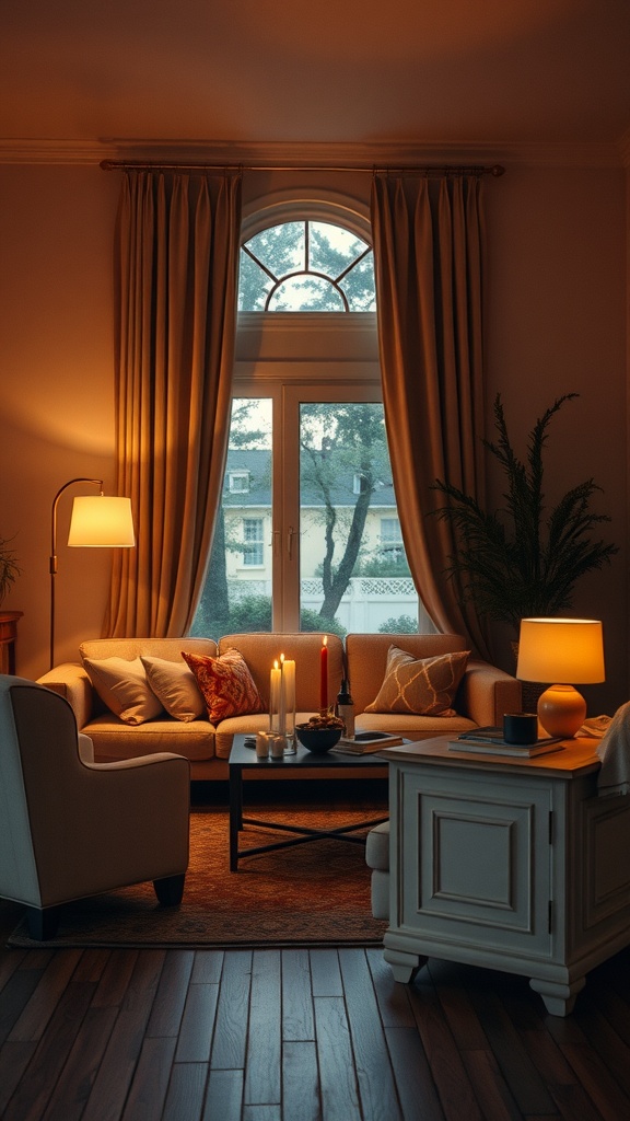 A cozy living room with warm lighting from lamps and candles, featuring a comfortable sofa and wooden furniture.