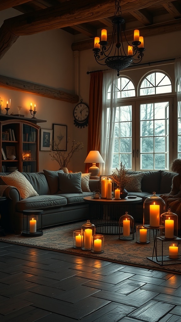 A cozy living room with candles and lanterns providing warm lighting.