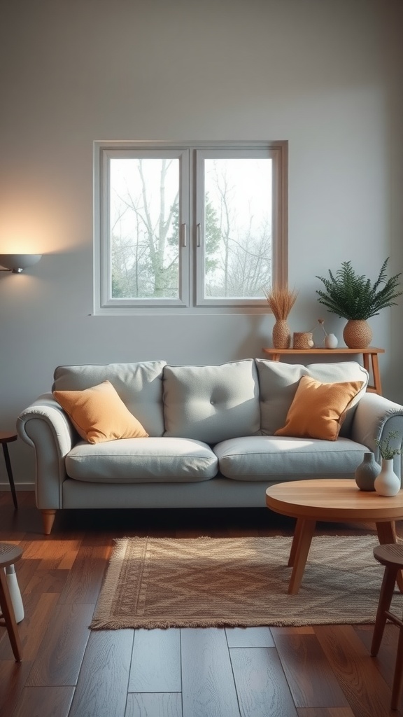 Cozy living room featuring a light grey couch with rustic wooden elements and warm decor.