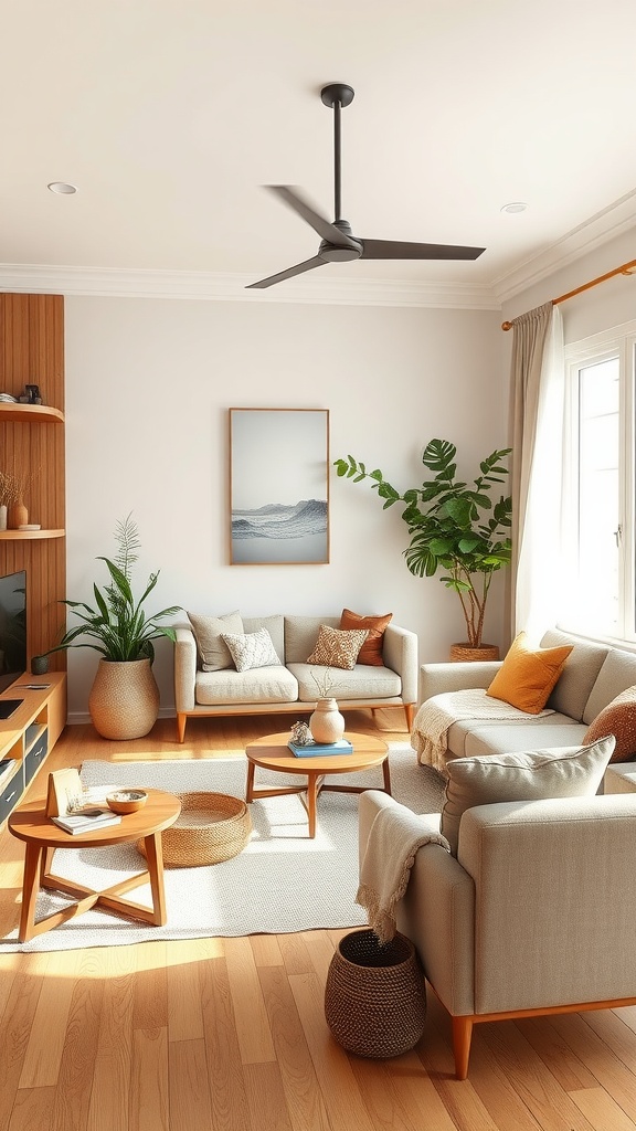 Cozy living room with wood accents, plants, and warm lighting