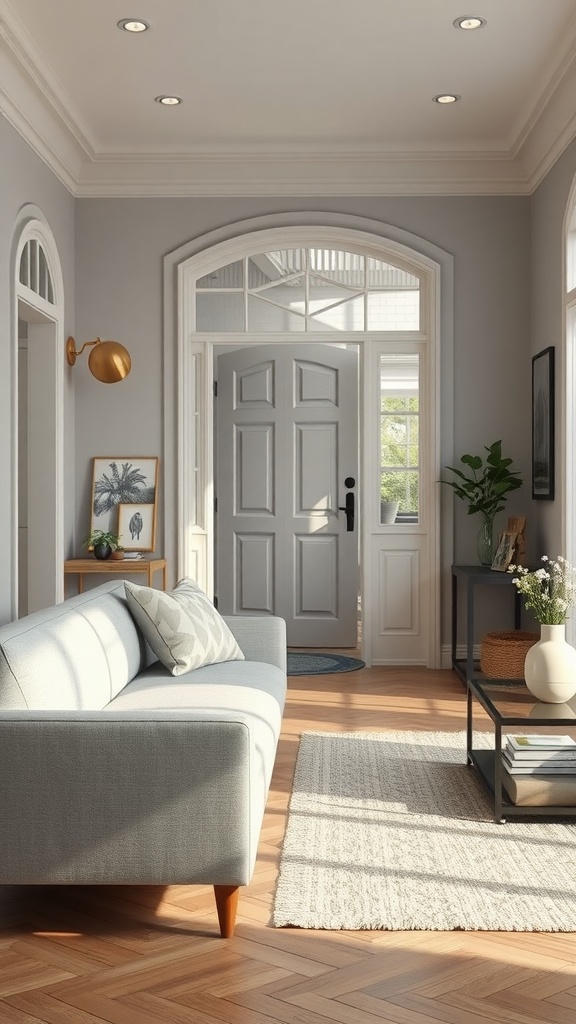 A light grey couch in a welcoming living room entryway with natural light.