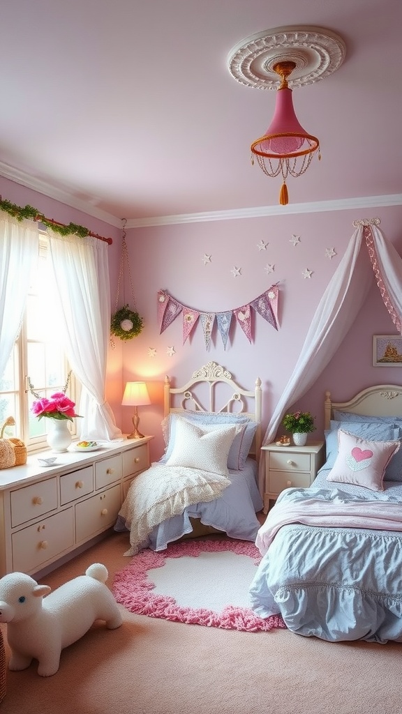 A cozy bedroom with pink walls, whimsical decorations, and playful accents.