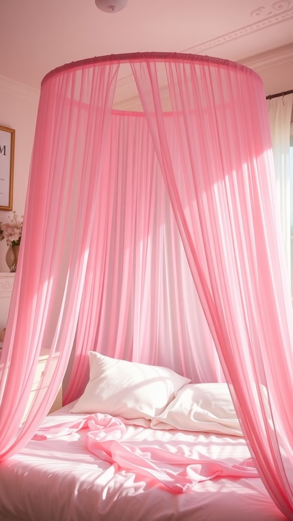 A cozy pink canopy bed with soft drapes and neutral bedding, providing a dreamy atmosphere.