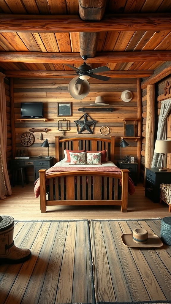 Wild West themed toddler boy's bedroom with wooden beams, rustic decor, and a cozy bed