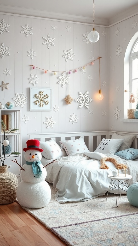 A toddler boy's bedroom decorated in a winter wonderland theme, featuring snowflakes on the walls, a snowman, and cozy bedding.