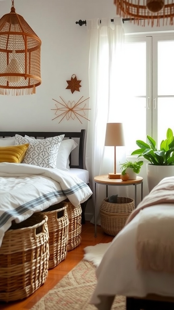 A cozy boho bedroom featuring woven baskets and natural decor items.