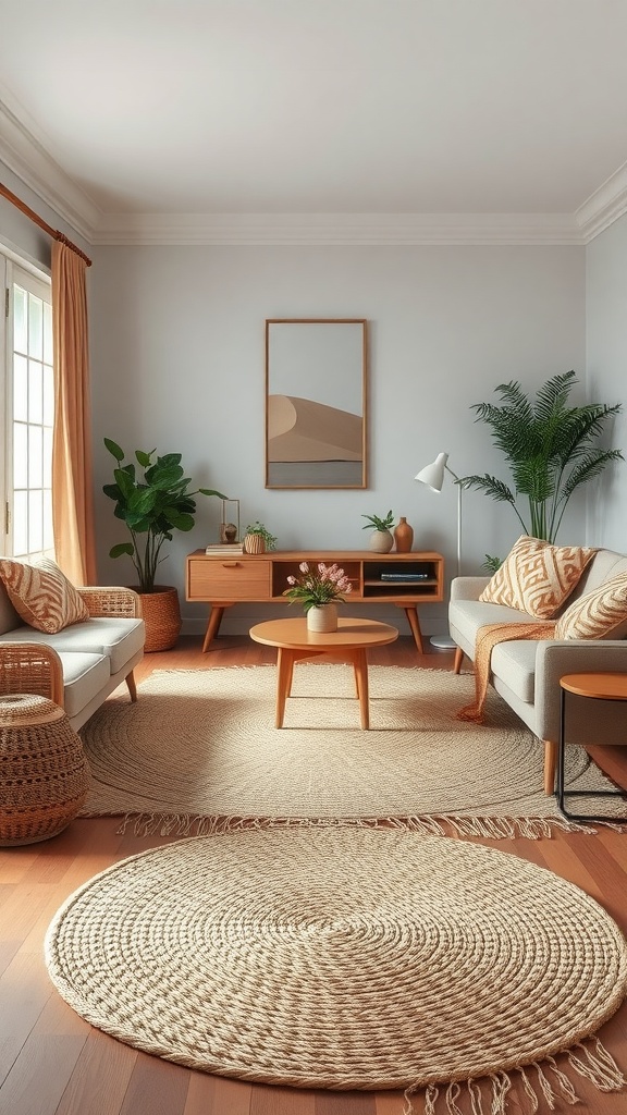 A cozy living room featuring woven rugs, light walls, and stylish furniture.