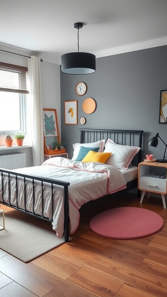 A stylish bedroom featuring a black bedframe, bright pillows, and playful decor.