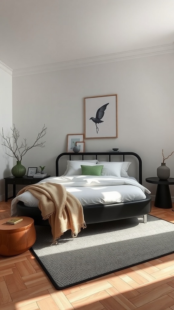 A zen-inspired bedroom featuring a black bedframe, white bedding, and minimal decor.