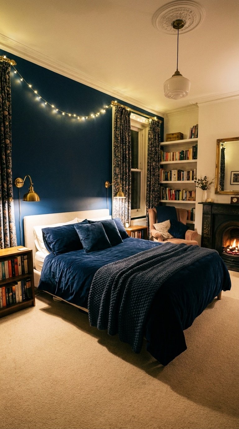 A cozy bedroom with a midnight blue accent wall, complemented by soft lighting and dark blue decor