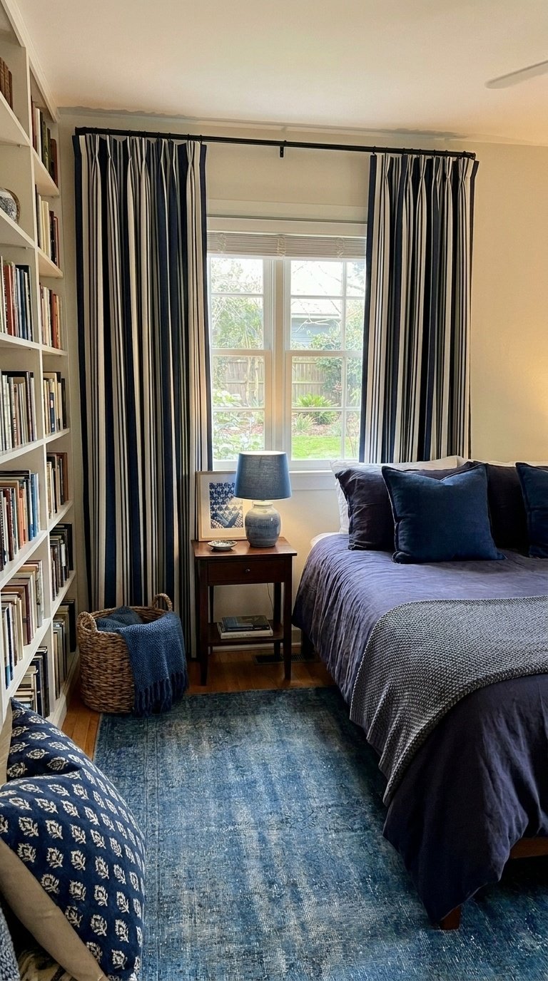A cozy bedroom with navy striped curtains, dark blue bedding, and matching decor