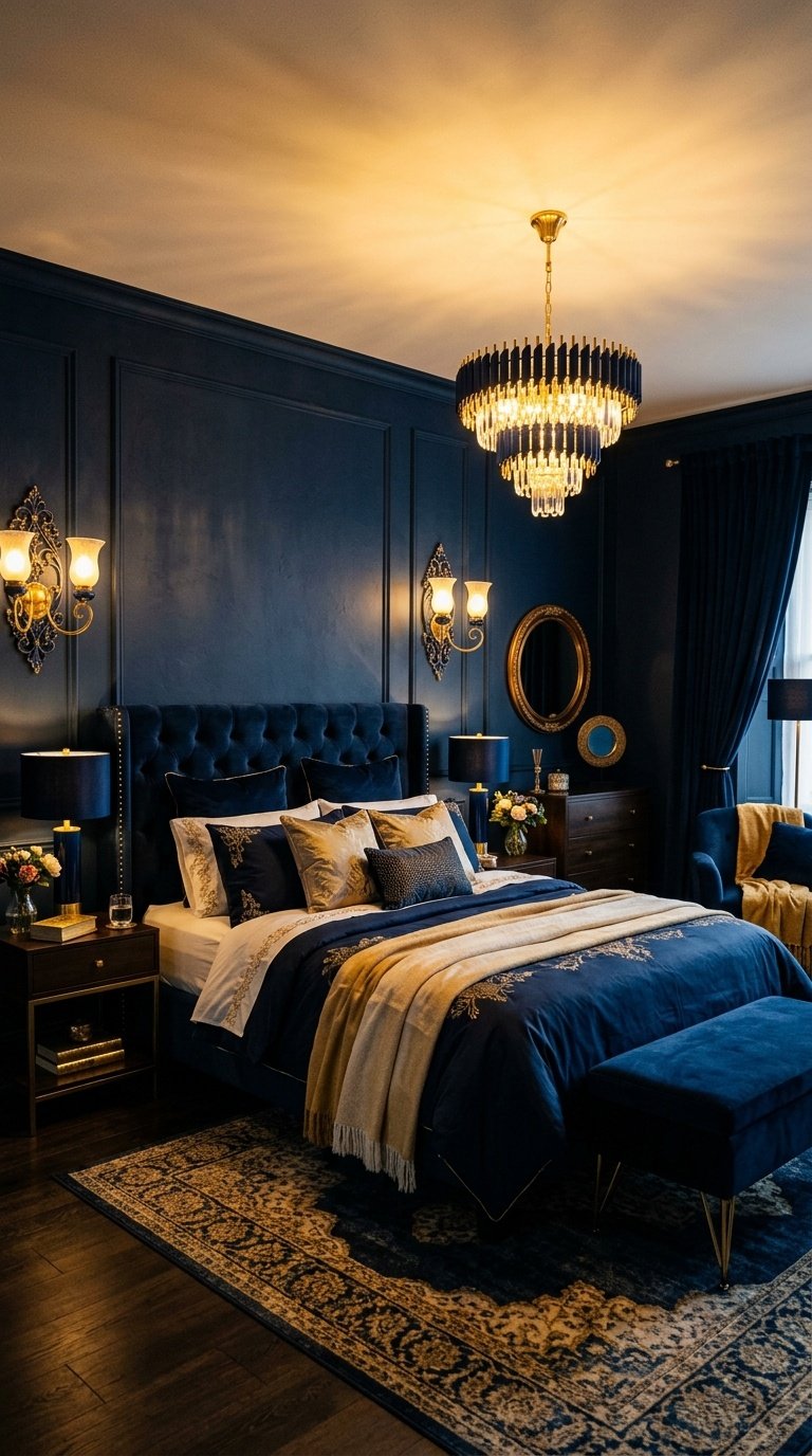 A dark blue bedroom with elegant navy and gold light fixtures casting a warm glow over the room's luxurious decor