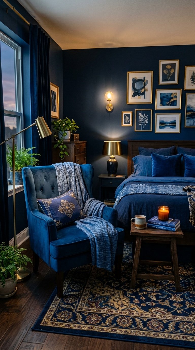 A Prussian blue accent chair stands in a dark blue bedroom, surrounded by rich blue decor and moody lighting