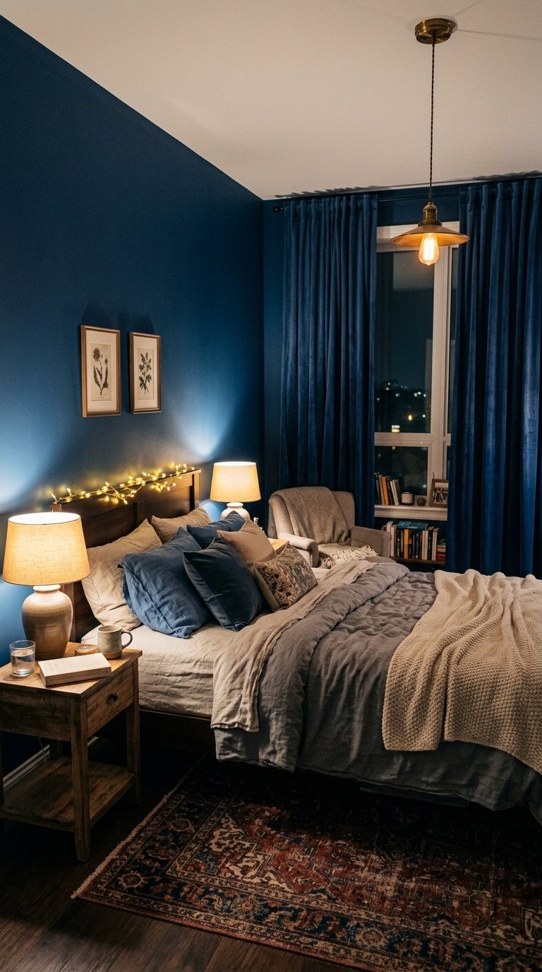 A cozy bedroom with deep blue walls, indigo drapes, and soft lighting