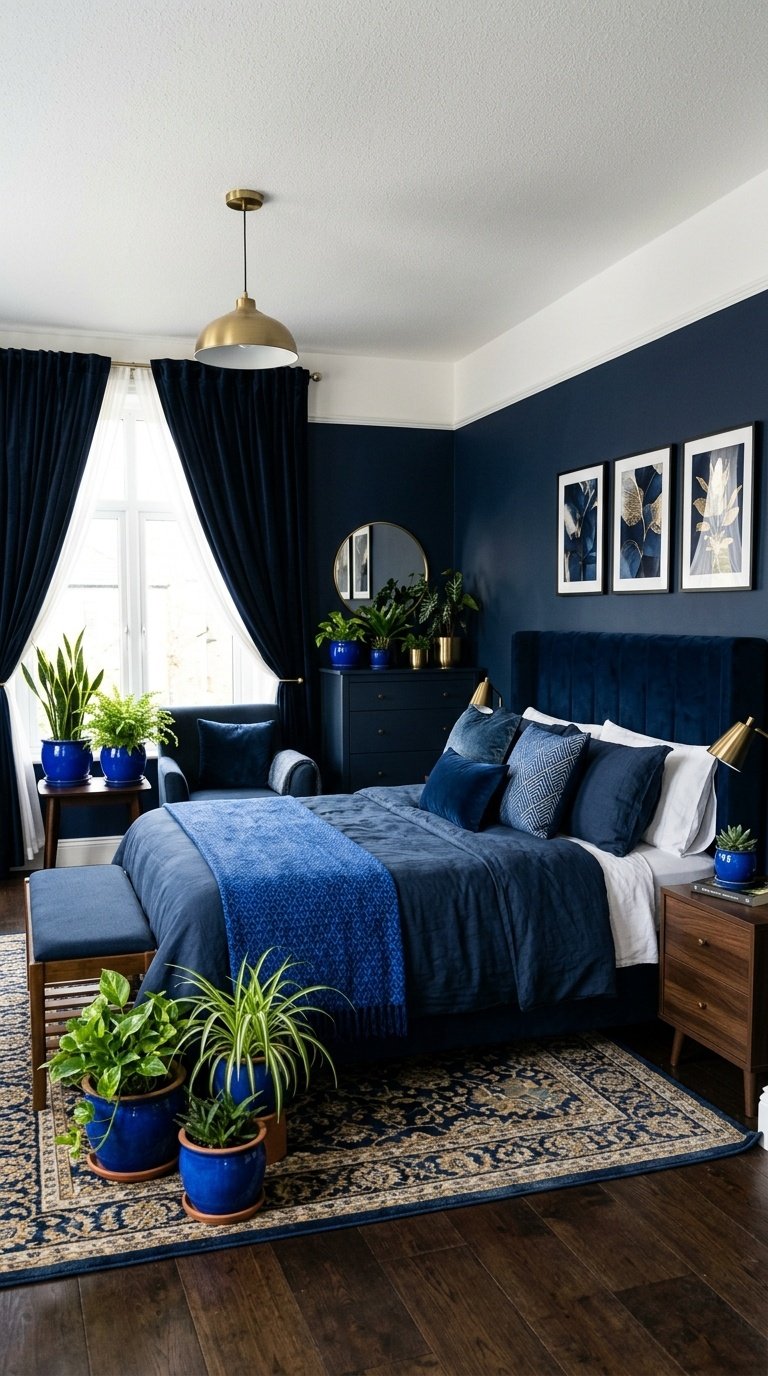 A bedroom with royal blue planters and dark blue decor