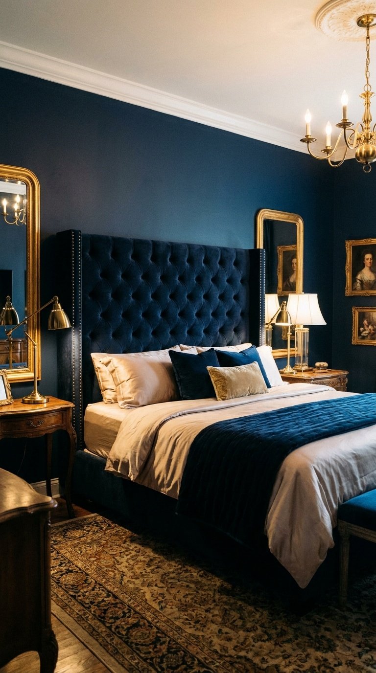 A navy velvet headboard stands against a dark blue bedroom wall, surrounded by luxurious decor and soft lighting