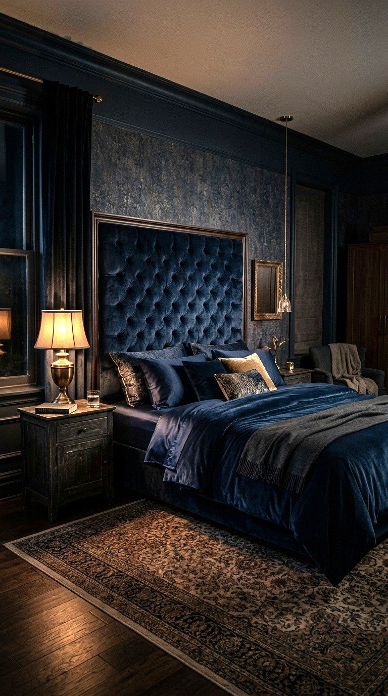 A luxurious dark blue velvet upholstered bed in a dimly lit bedroom with moody ambiance