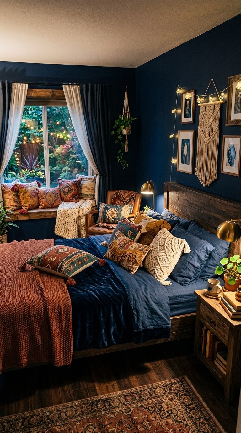 A cozy dark blue bedroom with bohemian throw pillows scattered on the bed and a few placed on a nearby chair or window seat