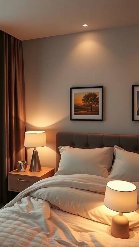 A cozy bedroom with warm accent lighting from lamps and recessed lights