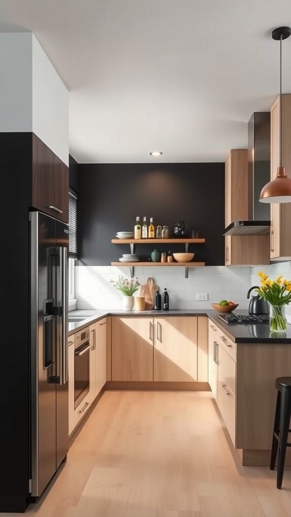 Modern kitchen featuring black cabinets and an accent wall.