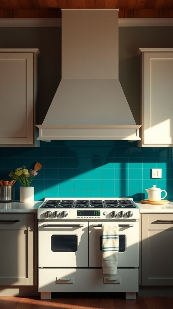 A kitchen featuring a deep teal accent wall with a white stove and light cabinetry.