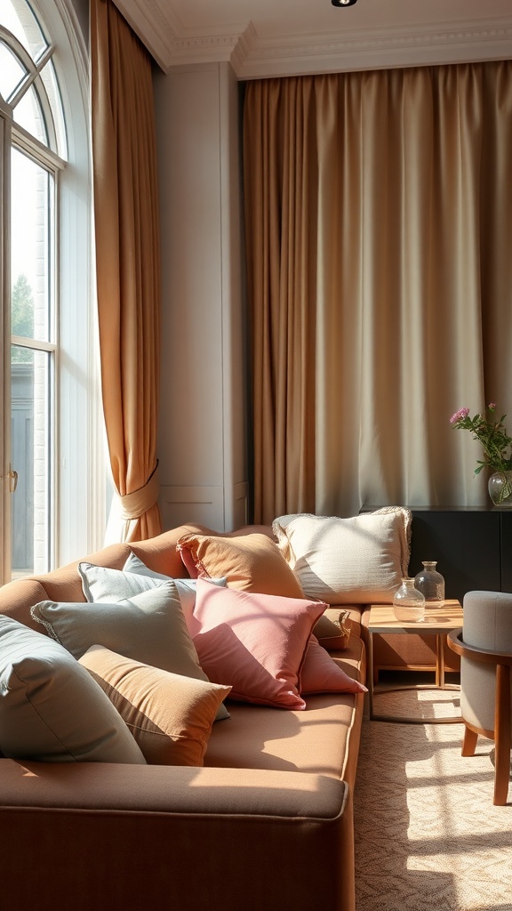 A stylish living room with a sofa adorned with colorful pillows and elegant curtains.