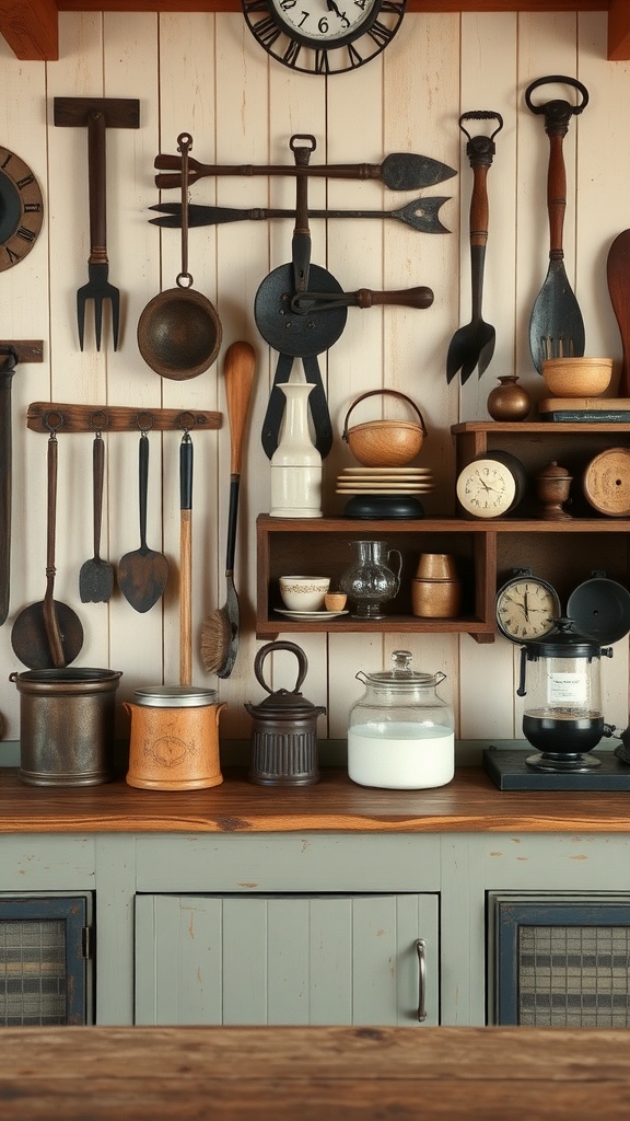 A rustic kitchen corner with antique utensils, baskets, and storage jars