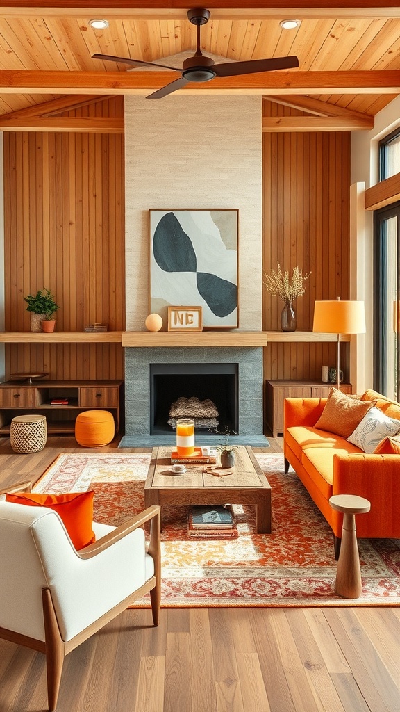 A stylish living room featuring orange furniture, gold accents, and Art Deco design elements.