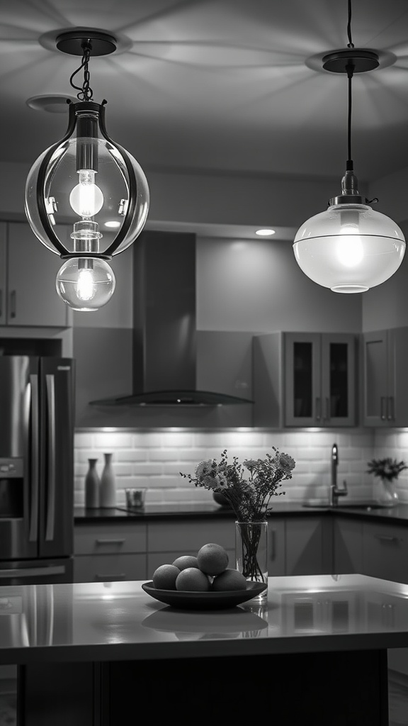 Art Deco style lighting fixtures in a modern kitchen, showcasing a black and white color scheme.