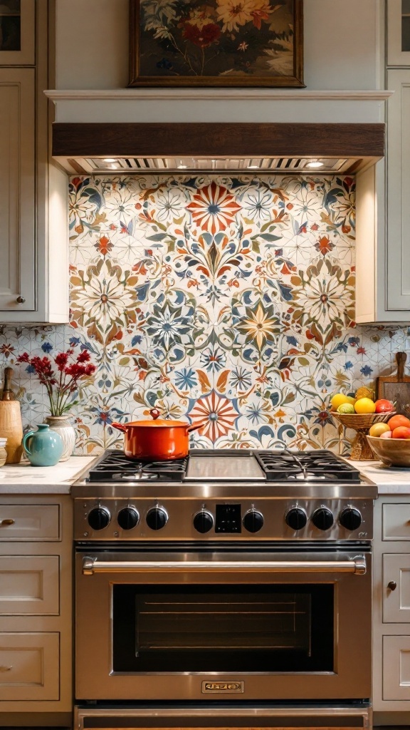 A colorful artistic tile backsplash behind a stove in a modern kitchen.