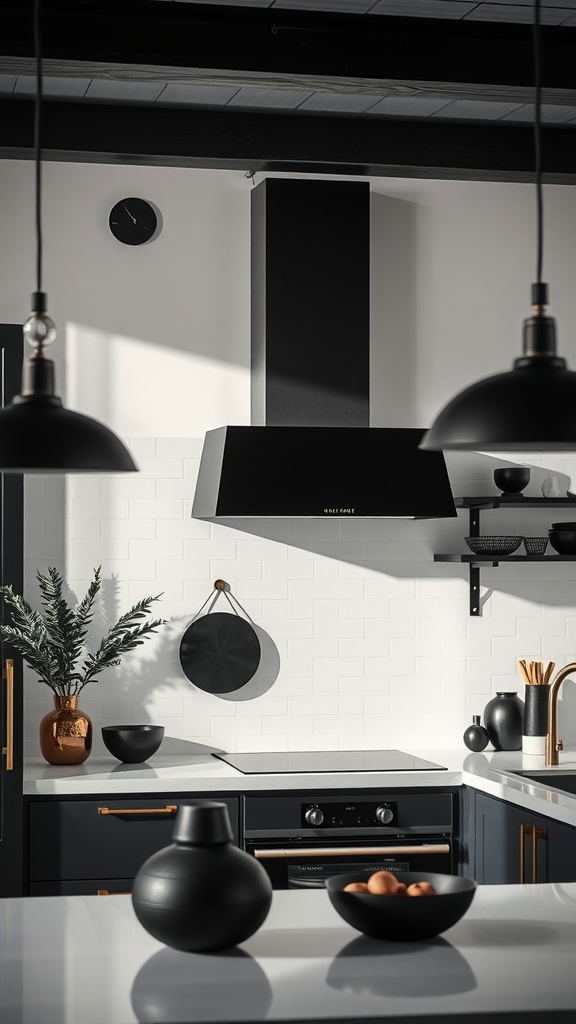 Stylish black and white kitchen with artistic black accents, featuring black hood, hanging lights, and vases